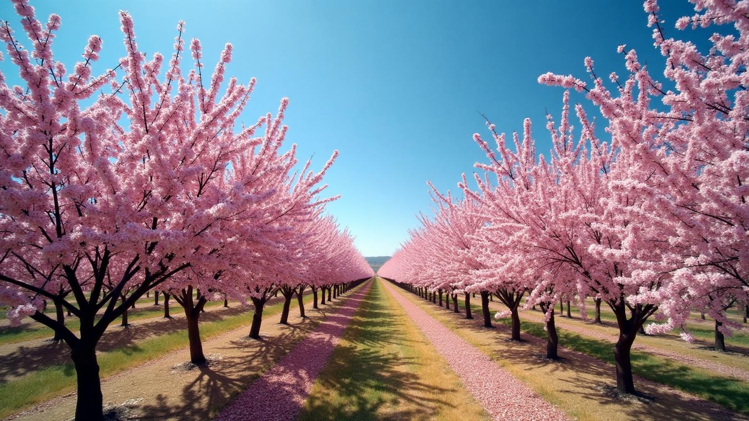 Beautiful almond orchards in bloom in Ripon, California